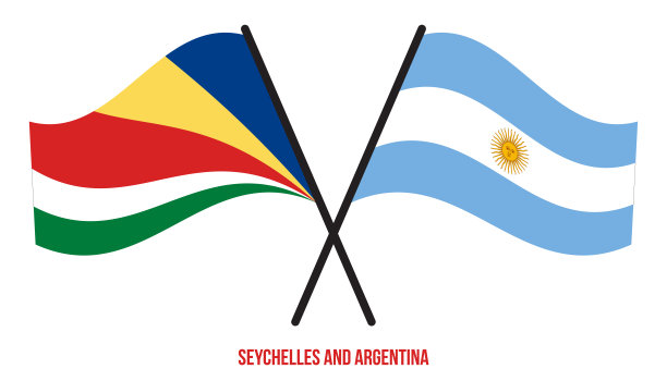塞舌尔和阿根廷国旗交叉并平挥风格。官方的比例。正确的颜色。图片下载