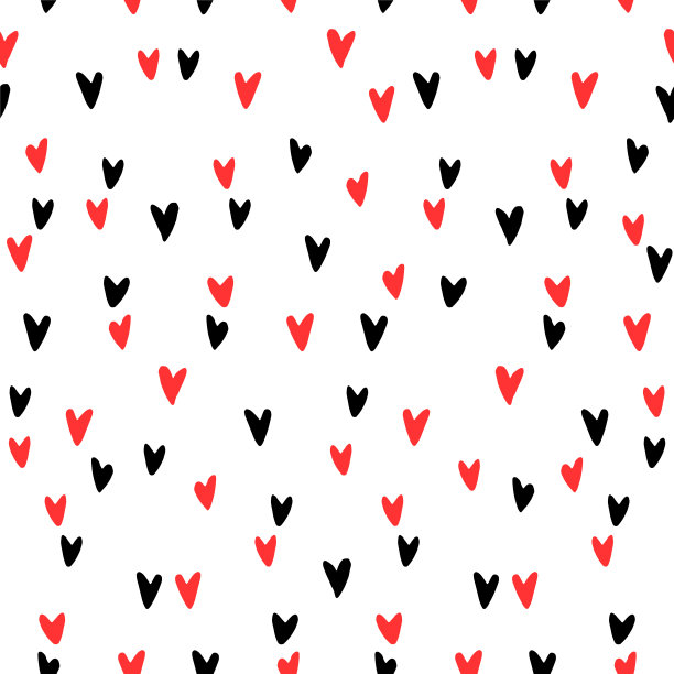 向量无缝抽象图案小红黑心。手绘涂鸦背景，纹理纺织品，包装纸，情人节。图片下载