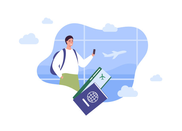 旅游和飞机旅行的概念。矢量平面人插图。男游客手里拿着智能手机。护照和机票符号显示在带有飞机背景的机场窗口上。图片下载