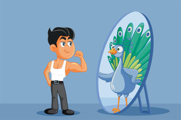 自恋的男人在镜子里看到骄傲的孔雀图片下载