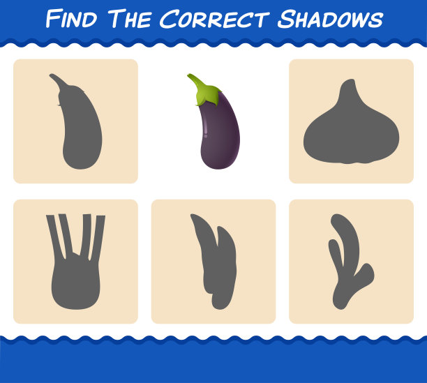 找到卡通茄子的正确阴影。搜索和匹配游戏。教育游戏为学龄前儿童和学步儿童图片下载