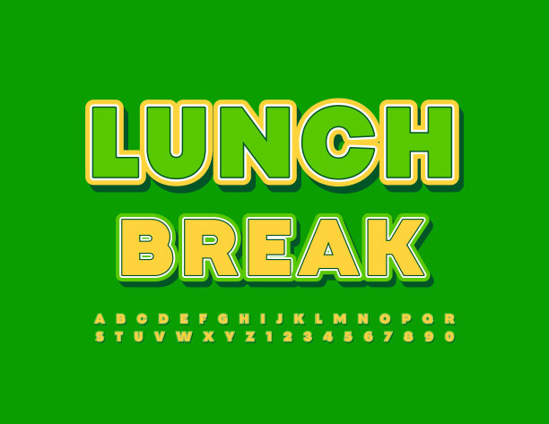 矢量时尚徽章午休。绿色和黄色字母和数字集图片下载