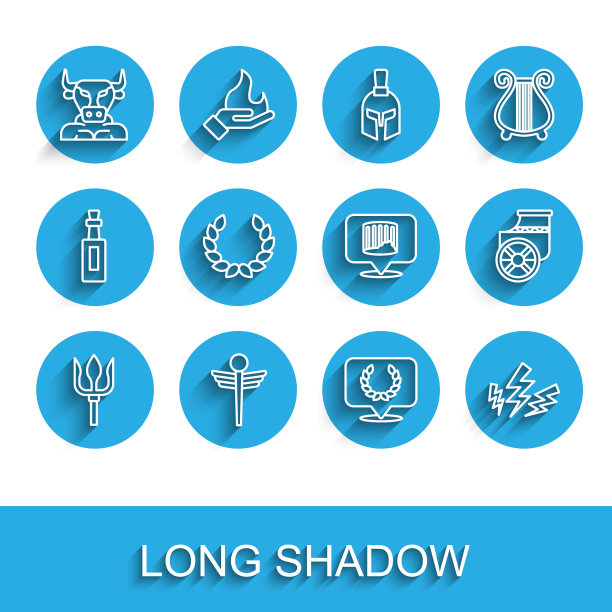 设置线海王星三叉戟，蛇蛇医疗，米诺陶洛斯，月桂花冠，宙斯，古代战车和柱图标。向量图片下载