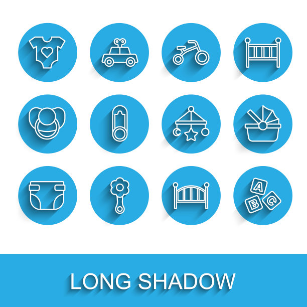 设置线婴儿尿布，摇铃婴儿玩具，衣服，婴儿床摇篮床，ABC块，别针，婴儿车和挂玩具图标。向量图片下载