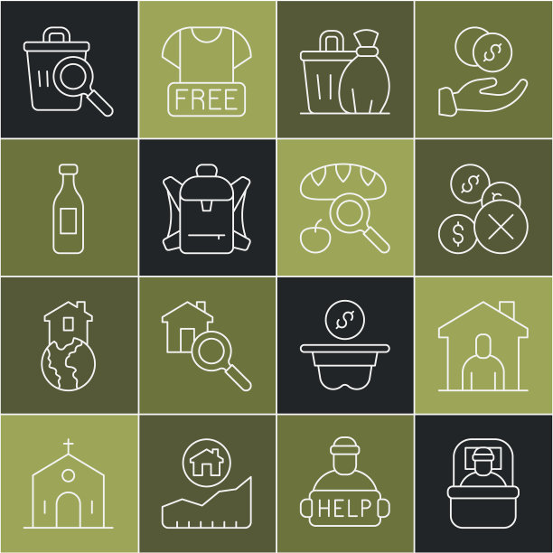 设置线睡袋，庇护所为无家可归者，没有钱，垃圾桶，徒步旅行背包，瓶装水，搜索食物和图标。向量图片下载
