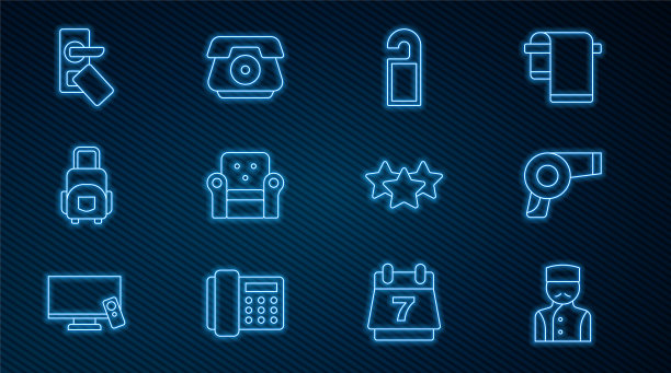 设有礼宾服务、吹风机、请勿打扰、扶手椅、行李箱、数字门锁、星级评级和手机图标。向量图片下载