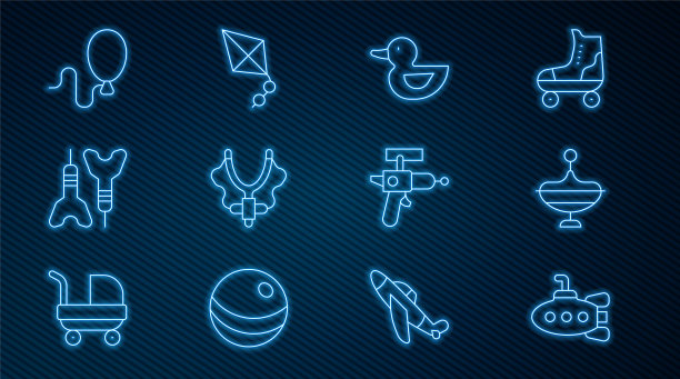 设置线潜艇玩具，旋转，橡皮鸭，弹弓，飞镖箭，气球，射线枪和风筝图标。向量图片下载