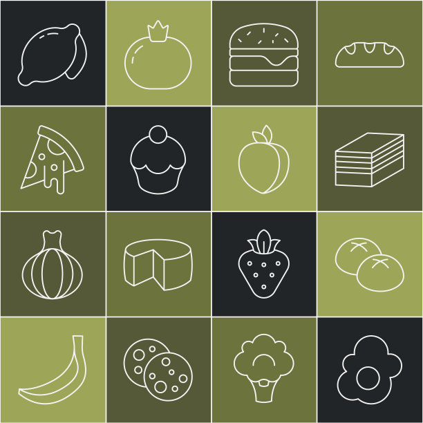设置线炒鸡蛋，面包，一块蛋糕，汉堡，松饼，切片披萨，柠檬和李子水果图标。向量图片下载