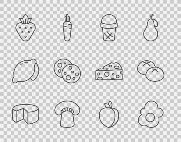 设置线奶酪，炒蛋，冰淇淋华夫饼，蘑菇，草莓，饼干与巧克力，梅子水果和面包面包图标。向量图片下载