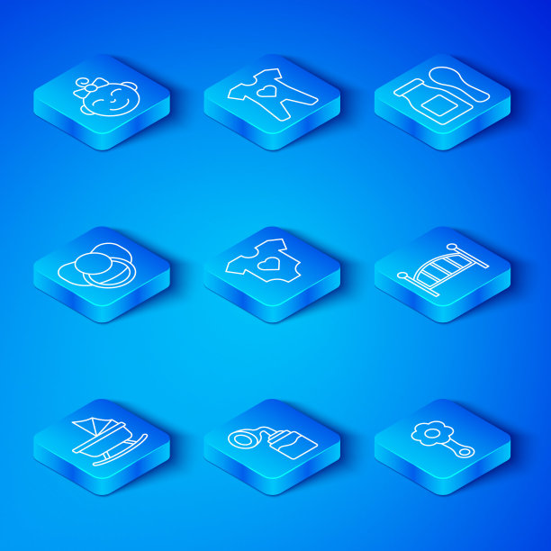 可配置婴儿车、衣服、吸奶器、婴儿摇篮床、酸奶奶瓶、奶嘴、小女孩头和摇铃婴儿玩具图标。向量图片下载