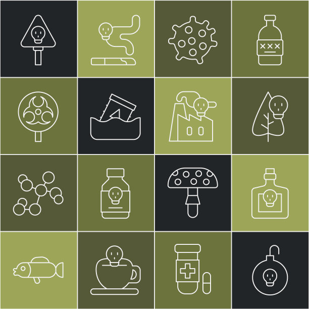 设置线核弹，瓶子与药水，毒花，细菌，放射性废物在桶，生物危害标志，骨头和头骨和烟雾从工厂图标。向量图片下载