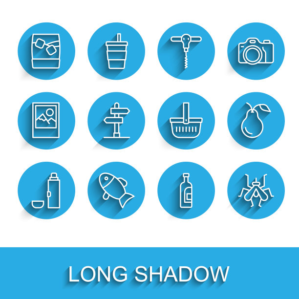 设置线热水瓶，鱼，威士忌加冰，瓶子，葡萄酒，蚊子，道路交通标志，梨和野餐篮子图标。向量图片下载