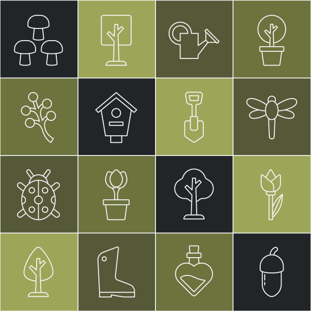 设置线橡子，花郁金香，蜻蜓，浇水罐，鸟房子，花树枝，蘑菇和铲子图标。向量图片下载