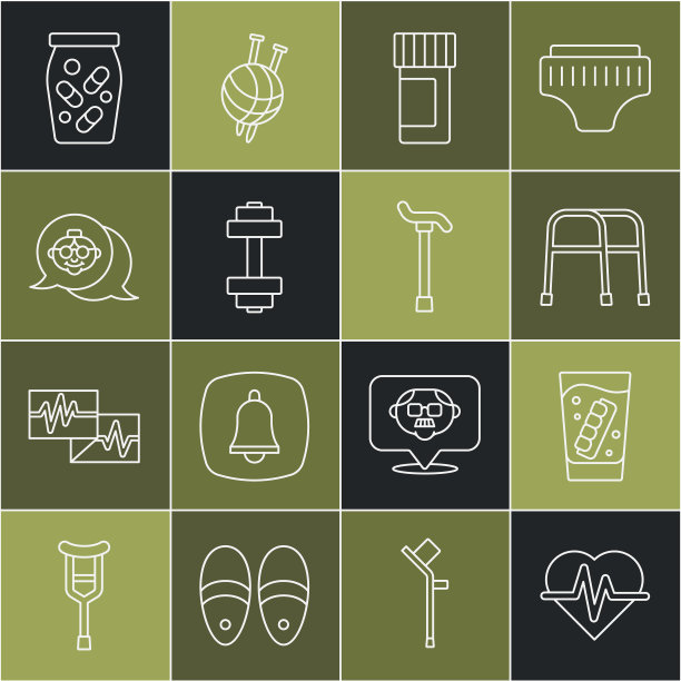 设置线心率，假下巴在玻璃，沃克，药瓶和药丸，哑铃，祖母，和拐杖拐杖图标。向量图片下载