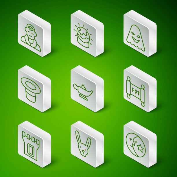 设置线月亮和星星，兔子耳朵，巫师术士，神灯或阿拉丁，帽子，球，城堡塔和滚动图标。向量图片下载