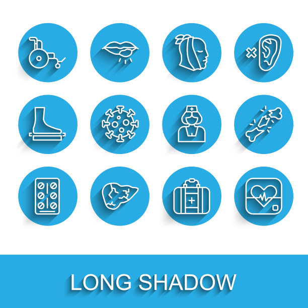 集线药丸在水泡包装，肝炎病毒，轮椅，急救箱，心率，病毒，人的骨折和护士图标。向量图片下载