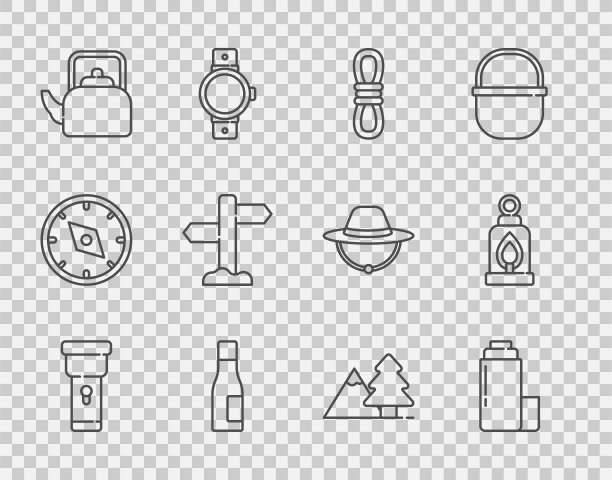设置线手电筒，热水瓶，登山绳，瓶装水，带把手水壶，道路交通指示牌，山树和野营灯图标。向量图片下载
