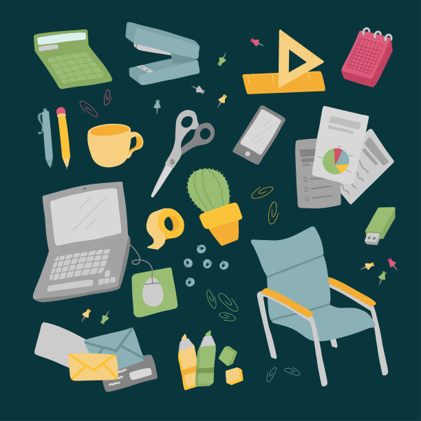 矢量办公文具集在风格的手绘图片下载