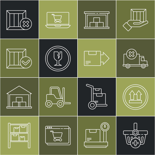设置行添加到购物篮，此面朝上，送货卡车，仓库，易碎玻璃，带勾号的木箱，删除和纸箱纸板图标。向量图片下载