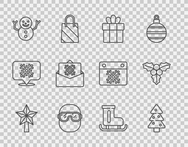 设置线圣诞星，树，礼品盒，滑雪镜，雪人，明信片，花样滑冰鞋和树枝荚木图标。向量图片下载