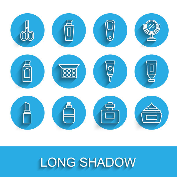 设置线口红，香水，剪刀，霜乳液化妆品管，化妆粉与镜子，图标。向量图片下载