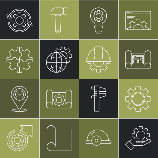 设置线设置在手中，齿轮箭头作为工作流程，房子计划，灯泡齿轮，地球地球仪，和工人安全帽图标。向量图片下载