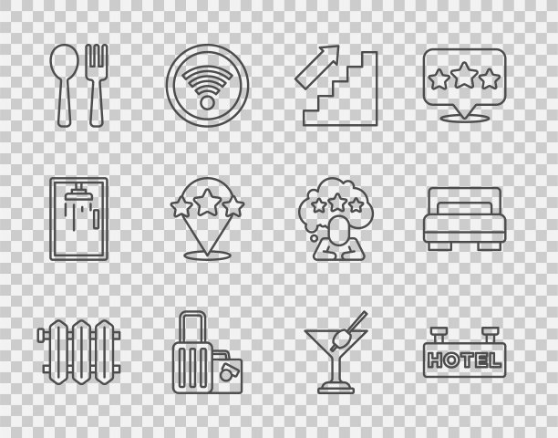 暖气散热器，带有文字的酒店招牌，楼梯，手提箱，叉子和勺子，五星评级评论，马提尼玻璃和房间床图标。向量图片下载