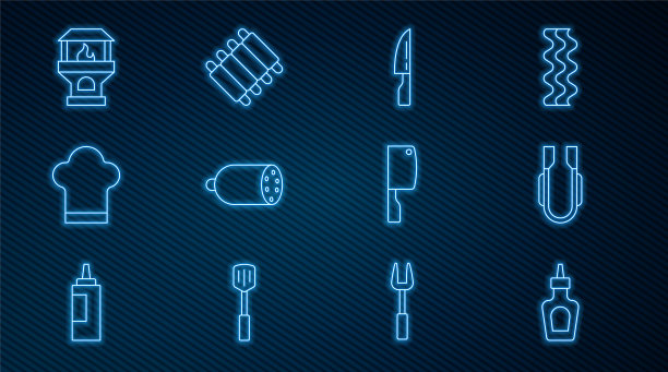 设置线酱瓶，肉类钳，烧烤刀，萨拉米香肠，厨师帽，砖炉，菜刀和烤猪肉烧烤排骨图标。向量图片下载