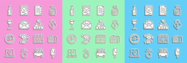 集冰淇淋、相机、心形城堡、情人节信封、贺卡、酒杯、酒瓶、情侣爱情图标于一体。向量图片下载