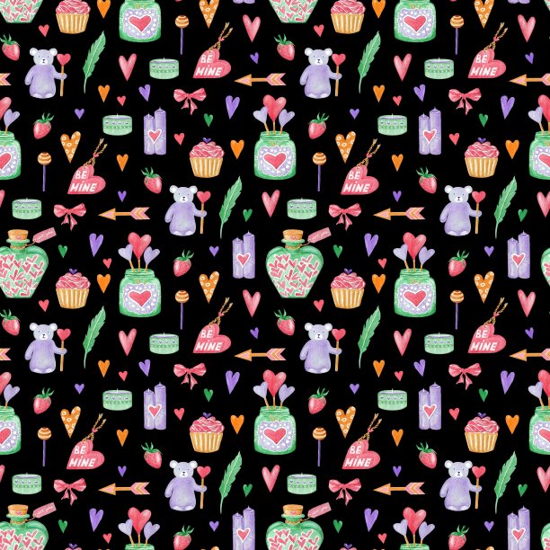 水彩无缝图案情人节。有爱心、糖果、蜡烛、礼物和其他可爱的元素。图片下载