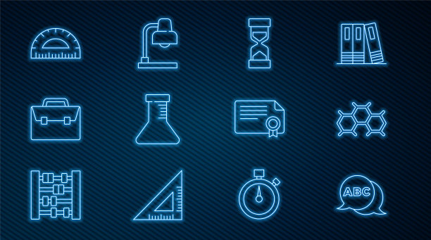 设置字母，化学配方，旧沙漏，试管，公文包，量角器，证书模板和台灯图标。向量图片下载