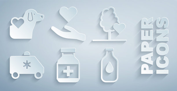 设置药瓶和药片，志愿团队植树，紧急车辆，瓶装水，心手和狗的图标。向量图片下载