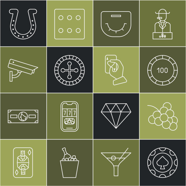 设置线赌场筹码，老虎机与葡萄，扑克桌，轮盘赌轮，安全摄像头，马蹄铁和手握扑克图标。向量图片下载
