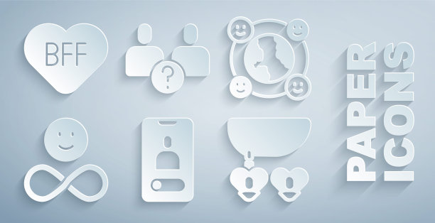 手机来电、国际社区、永远的朋友、心形项链、复杂关系和BFF好朋友图标矢量素材图片下载