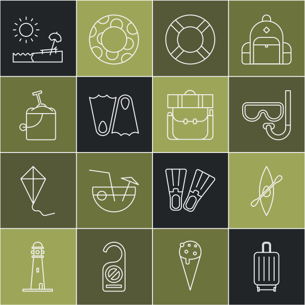 设置旅行箱，皮艇或独木舟和划桨，潜水面罩通气管，救生圈，橡胶脚蹼，沙桶铲，沙滩伞椅和徒步旅行背包图标。向量图片下载