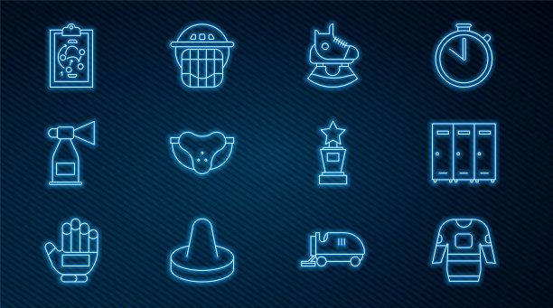 设置线曲棍球球衣，储物柜或更衣室，溜冰鞋，保护运动护具，空气喇叭，计划策略，奖杯和头盔图标。向量图片下载