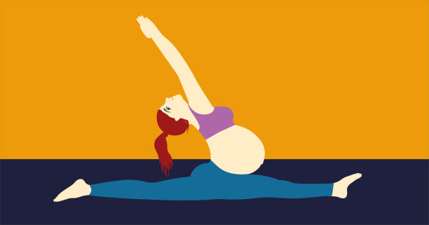 快乐迷人的孕妇在做劈叉。瑜伽。孕妇微笑健身模特练习瑜伽。怀孕瑜伽，健身和身体积极的概念。图片下载