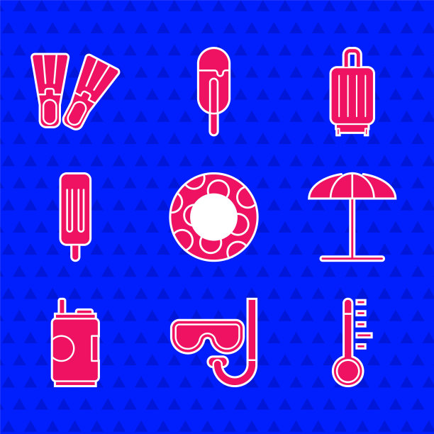 设置橡胶游泳圈，潜水面罩和通气管，气象温度计，沙滩防晒伞，苏打罐，冰淇淋，行李箱和脚蹼图标。向量图片下载