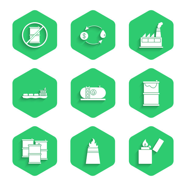 设置石油工业厂房、钻机带火、打火机、桶漏油、油轮船、无桶汽油图标。向量图片下载