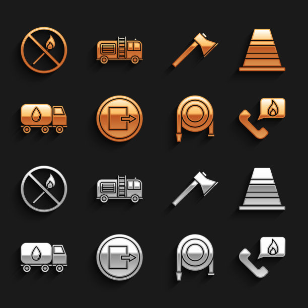 设置消防出口、交通锥、紧急呼叫电话911、软管卷筒、送水车、消防斧、无消防火柴和图标。向量图片下载