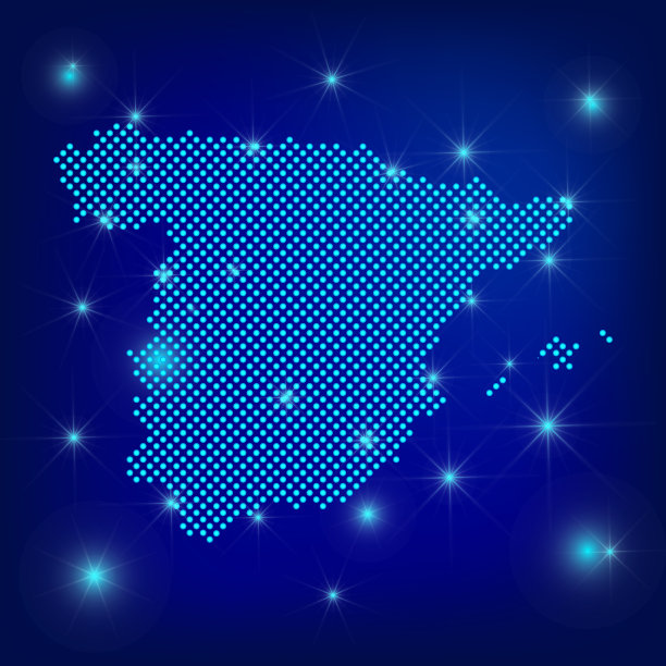 蓝色的西班牙地图。点地图。点西班牙地图与聚光灯在深蓝色的背景。全球社交网络。蓝色未来主义背景与西班牙王国地图。EPS10图片下载