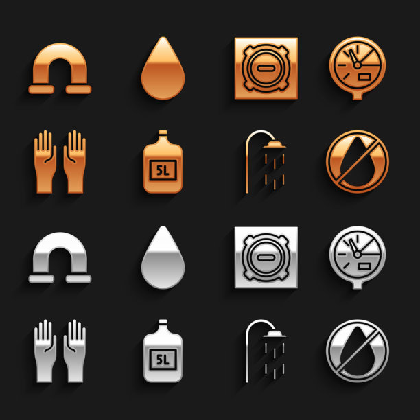 设置有大瓶清水，水表，禁止掉水，淋浴，橡胶手套，人孔下水道盖，工业金属管道和图标。向量图片下载