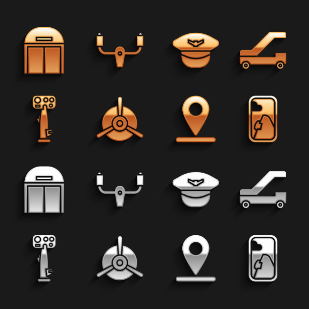 设置飞机螺旋桨，乘客登机梯，飞机窗口，位置，飞机舵机，飞行员帽，机库和图标。向量图片下载