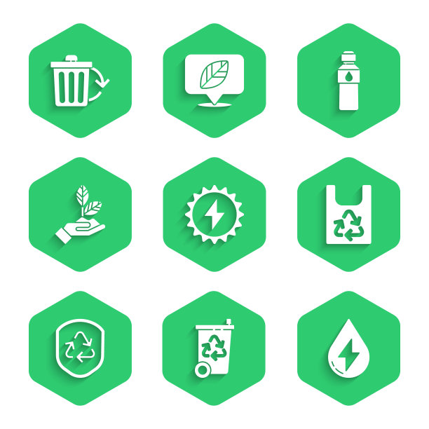 设置太阳能电池板，回收站与回收，水，塑料袋，符号内盾，植物手，瓶装水和图标。向量图片下载