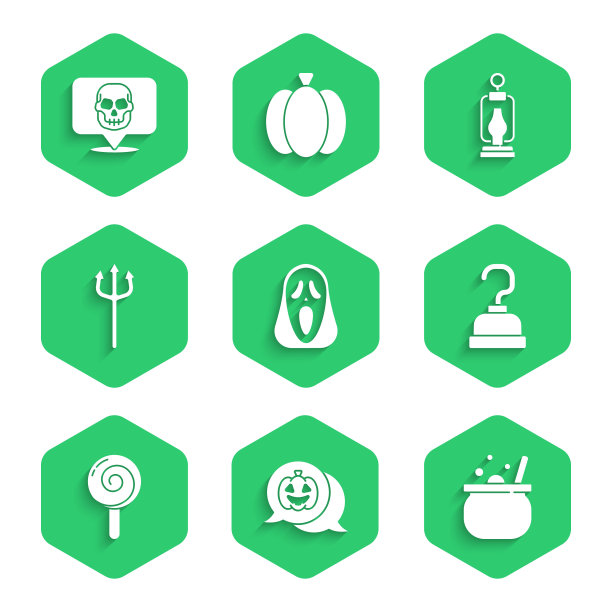 设置有趣和可怕的鬼面具，南瓜，万圣节女巫坩埚，海盗钩，棒棒糖，海王星三叉戟，野营灯笼和骷髅图标。向量图片下载