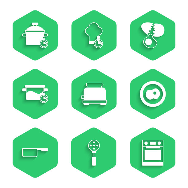 设置烤面包机，抹刀，烤箱，炒鸡蛋，炖锅，煮锅，打破和图标。向量图片下载