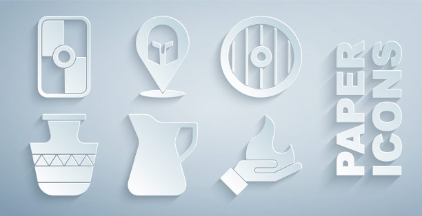 橄榄油瓶子，希腊盾，古代双耳罐，手握火，头盔和图标。向量图片下载