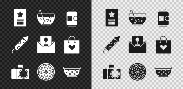 设置贺卡，混合潘趣酒碗，啤酒罐，照片相机，披萨，烟花火箭和邀请图标。向量图片下载