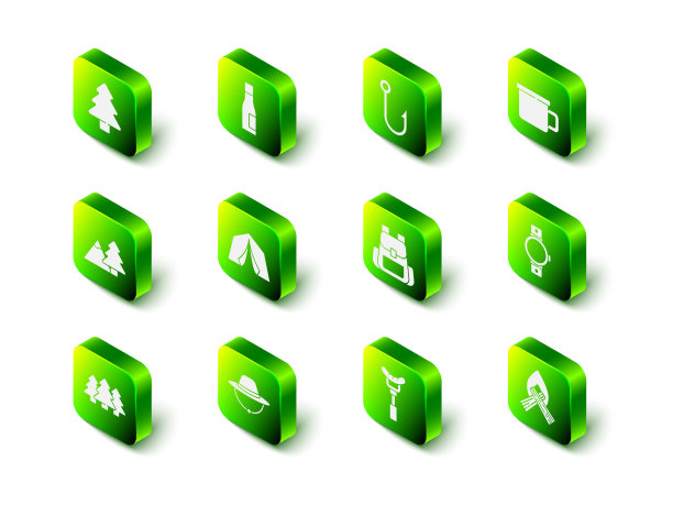 设置瓶装水，鱼钩，野营金属马克杯，智能手表，篝火，徒步旅行背包，叉子和帽子图标上的香肠。向量图片下载