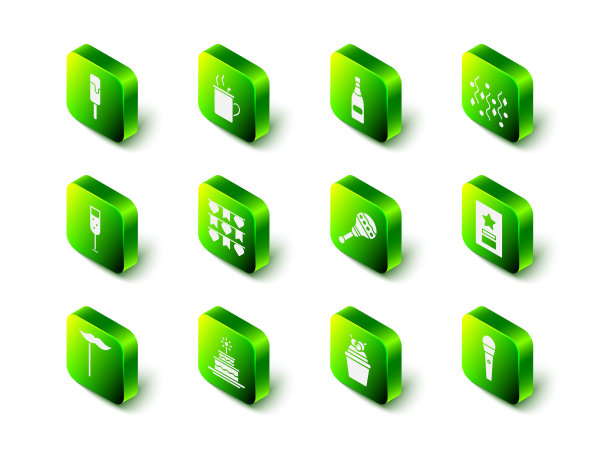 集热葡萄酒，香槟瓶，节日五彩纸花，贺卡，卡拉ok麦克风，沙球，蛋糕和燃烧的蜡烛图标。向量图片下载